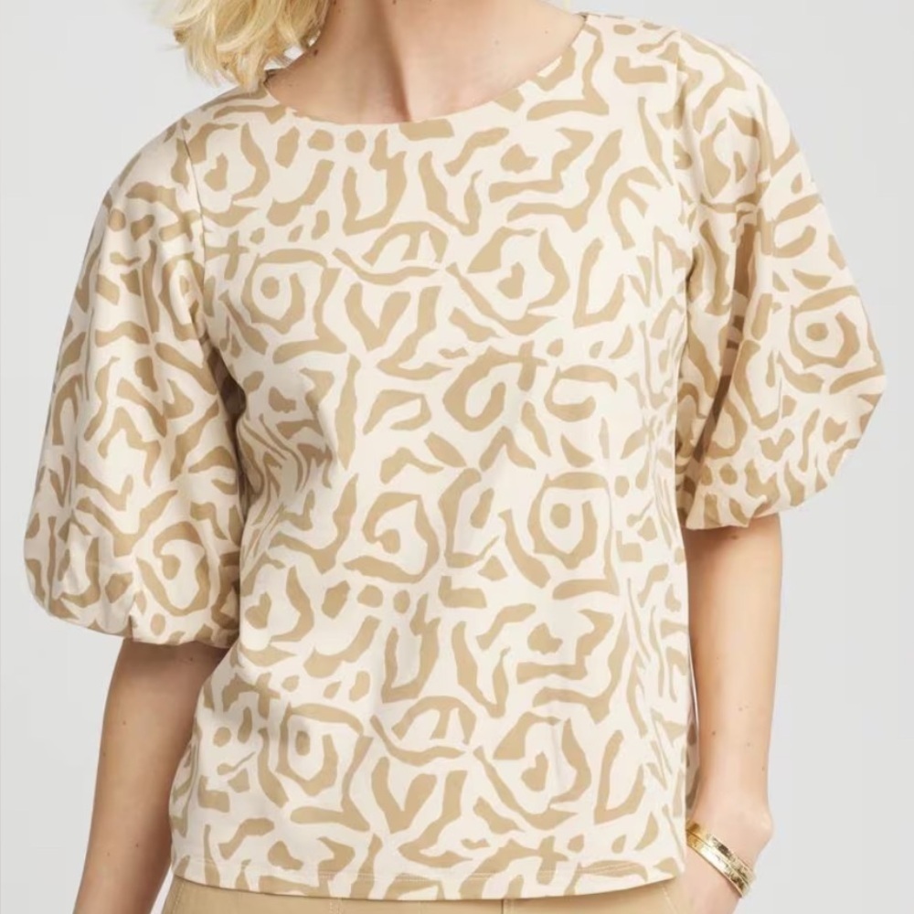 CHICO'S Animal Print Bubble Sleeve Top Tan Cream SZ S Cotton